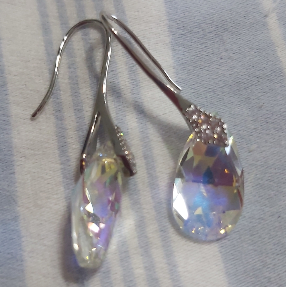 Elegant Silver and Aurora Borealis Crystal Drop Earrings